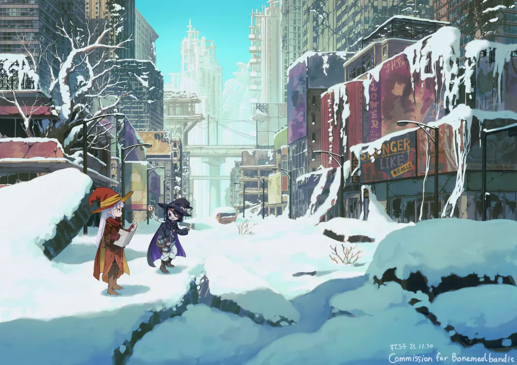 Silent, snowy ruins.